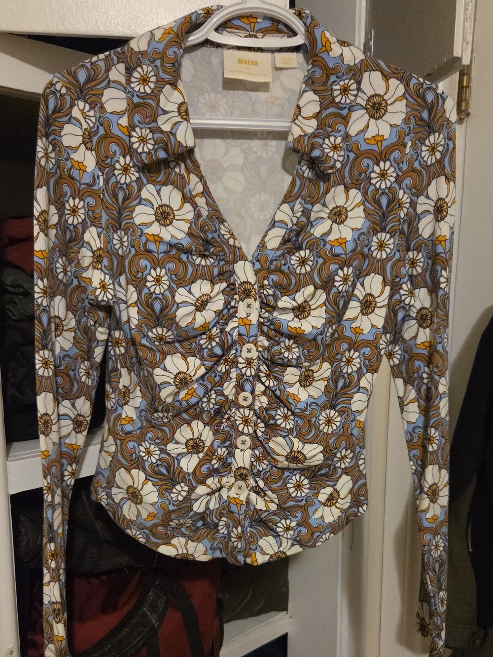 Anthropologie Maeve Ruched Floral Button Up Long Sleeve Top